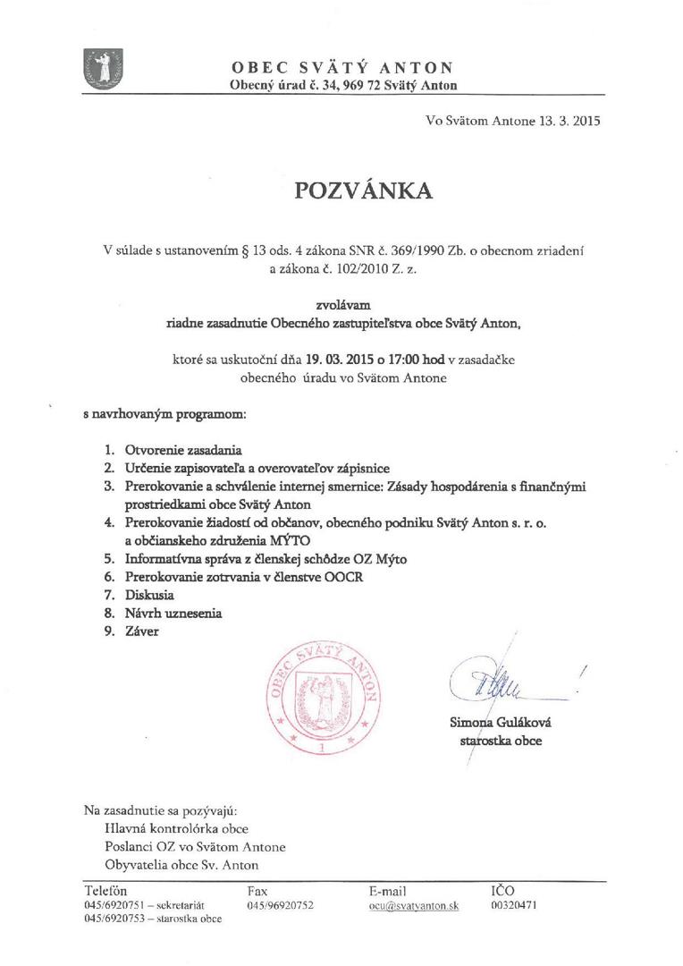 Pozvánka na zasadanie OZ 19.3.2015