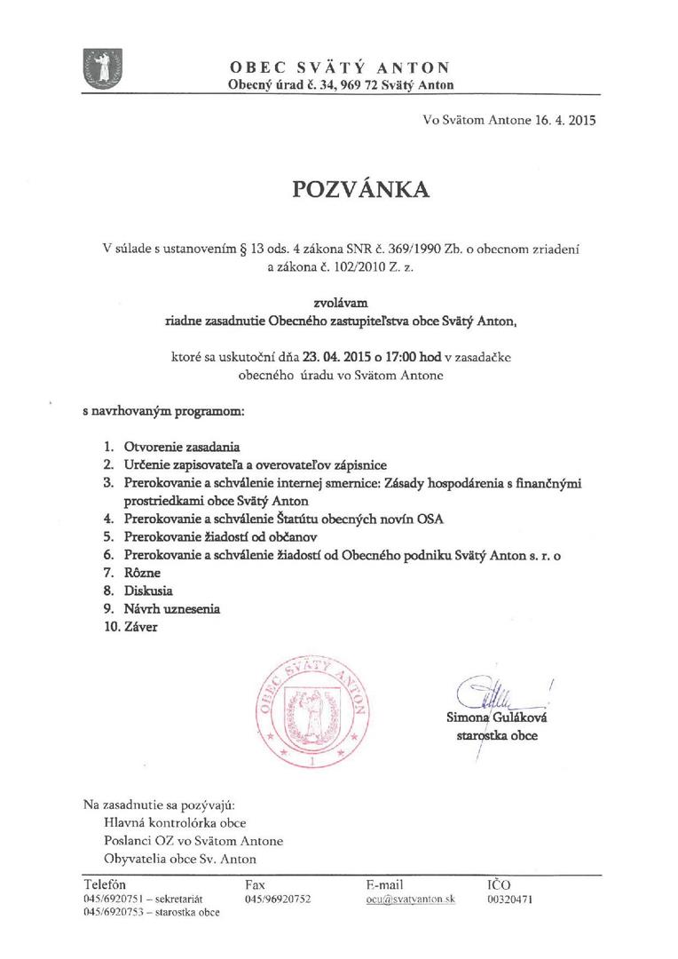 Pozvánka na zasadanie OZ 23.4.2015