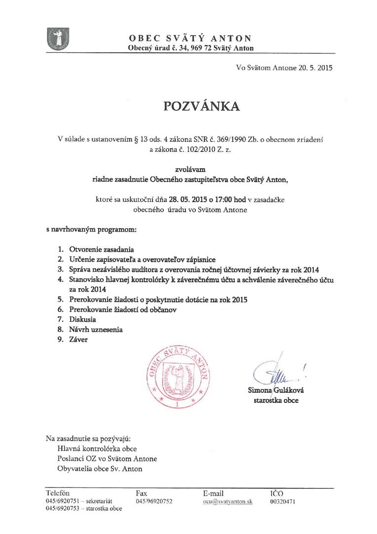 Pozvánka na zasadanie OZ 28.5.2015