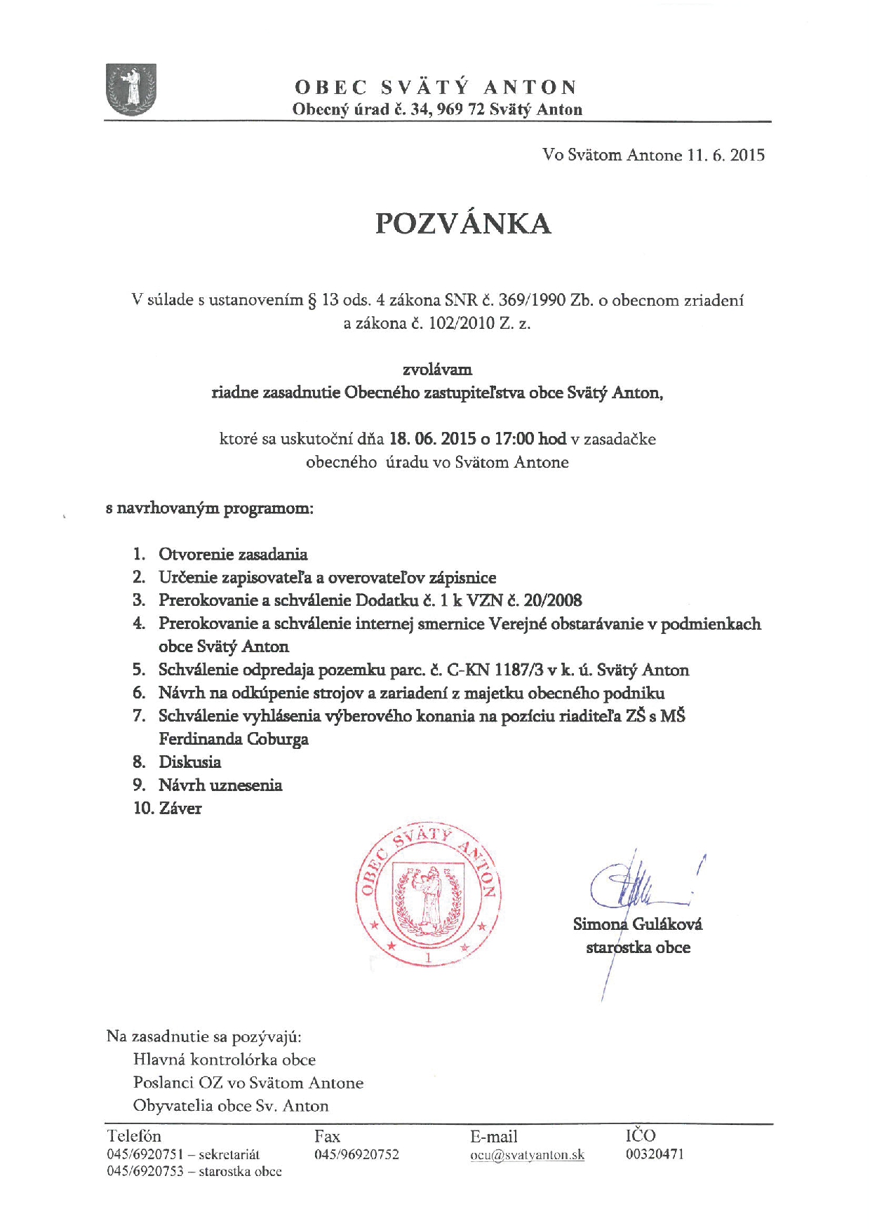 Pozvánka na zasadanie OZ 18.6.2015