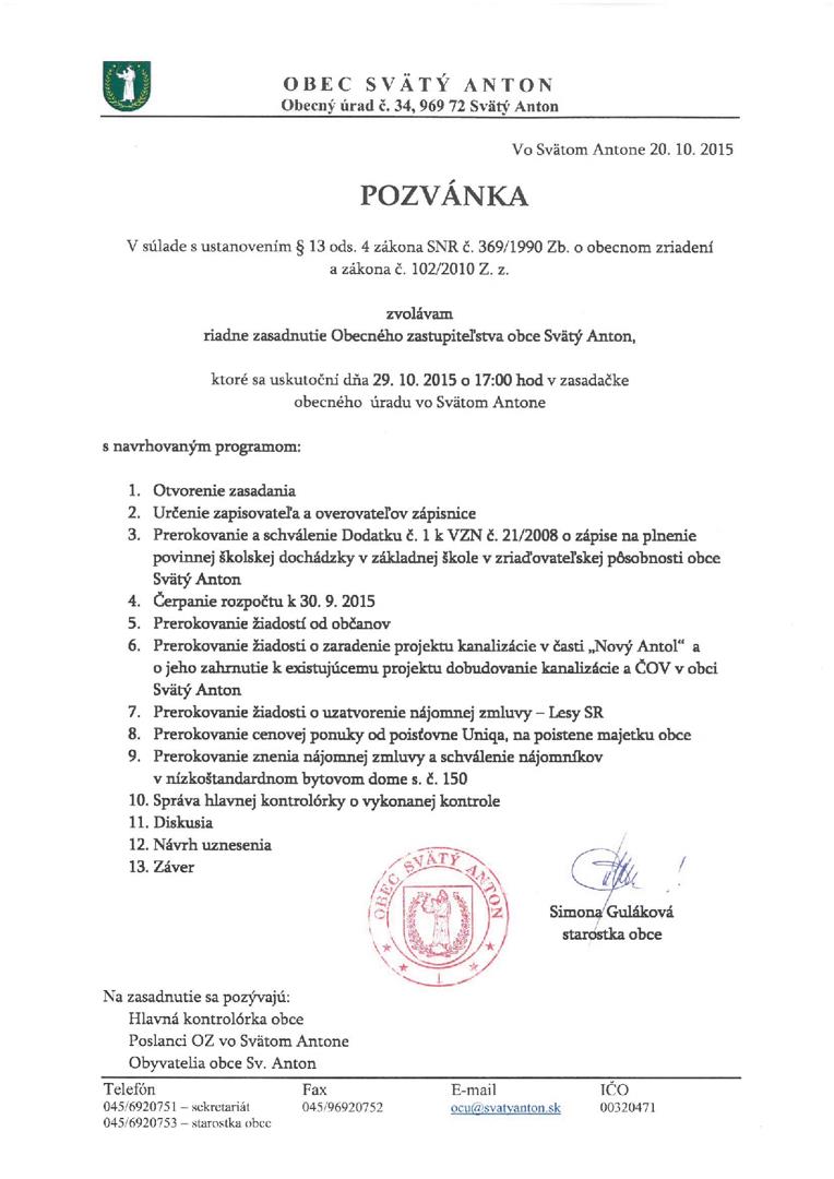 Pozvánka na zasadanie OZ 29.10.2015