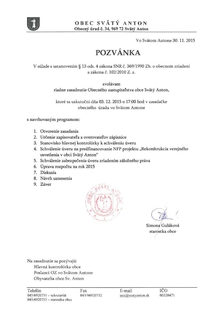 Pozvánka na zasadanie OZ 3.12.2015