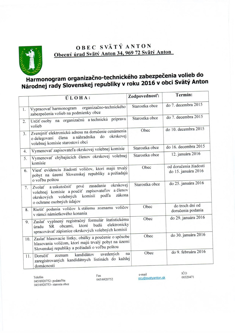 Harmonogram organizačno-technického zabezpečenia volieb do NR SR 2016