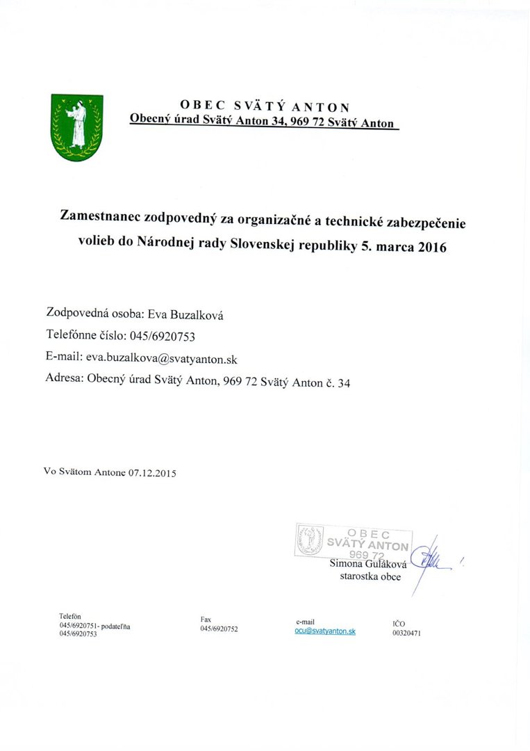 Zamestnanec zodpovedný za organizačné a technické zabezpečenie volieb do NR SR 2016