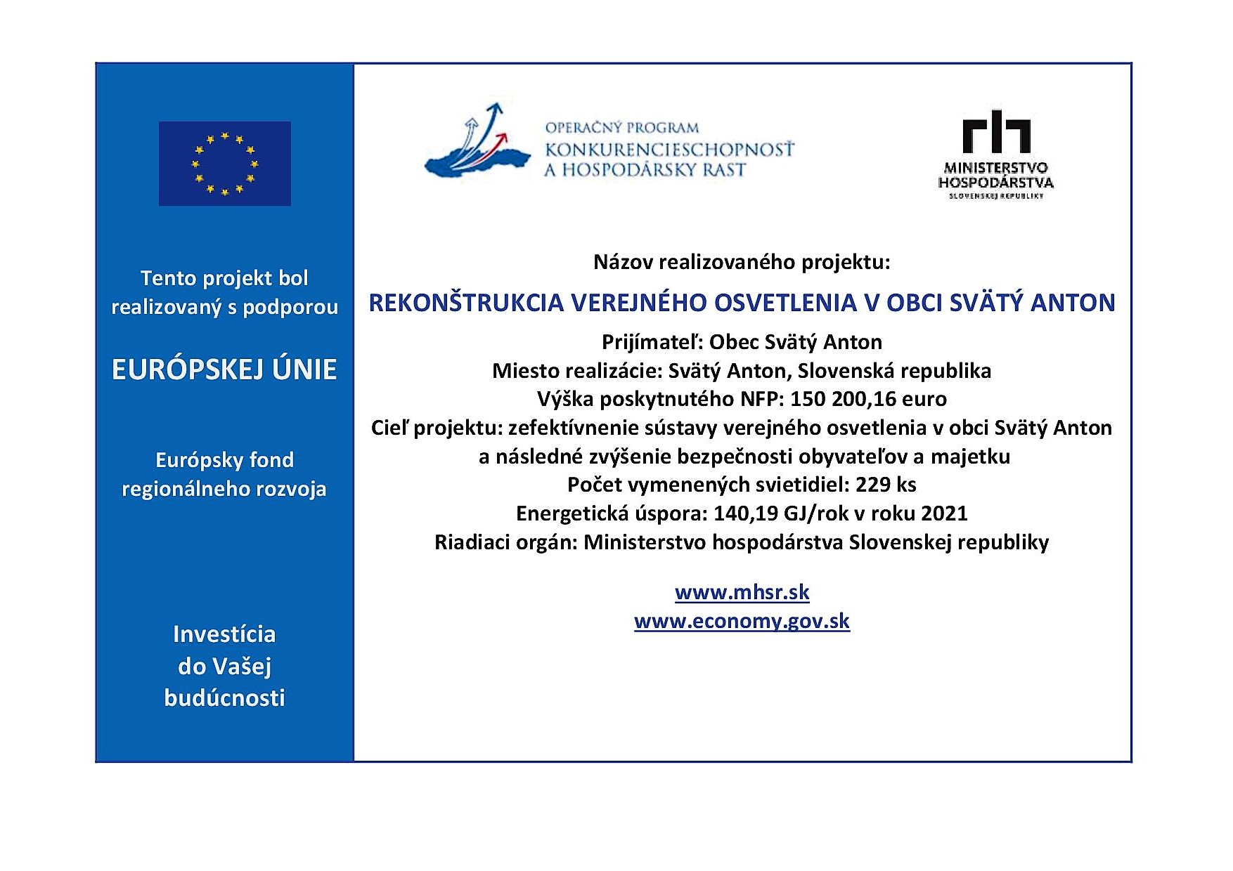 Rekonštrukcia verejného osvetlenia v obci Svätý Anton