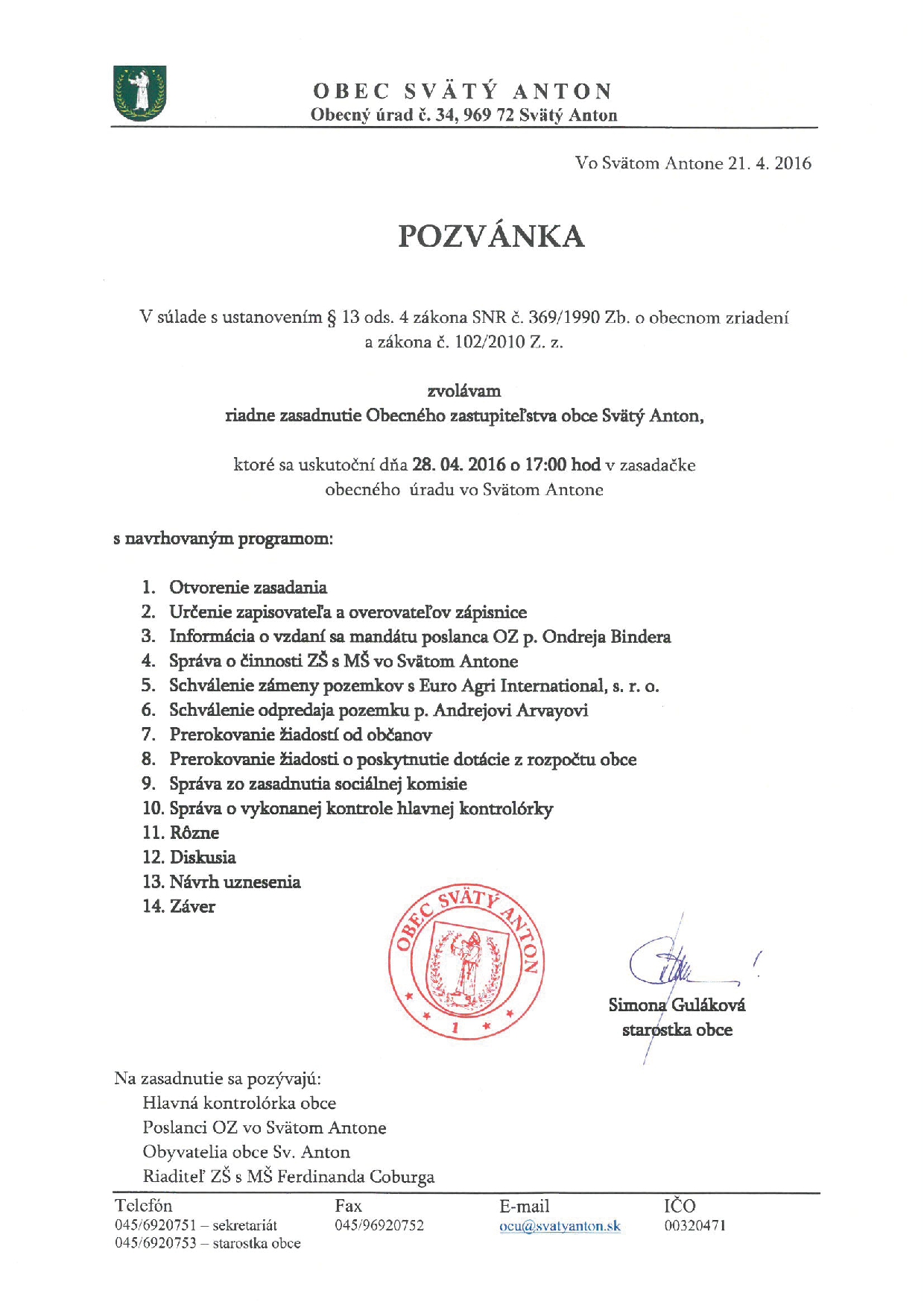 Pozvánka na zasadanie OZ 28.4.2016