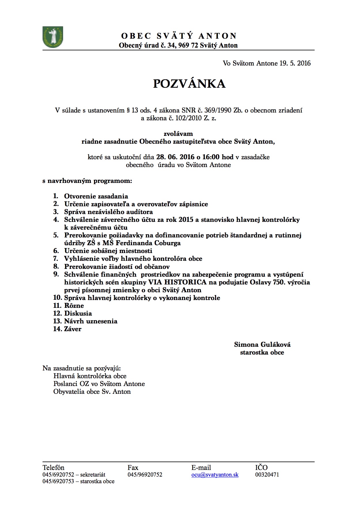 Pozvánka na OZ 28.6.2016