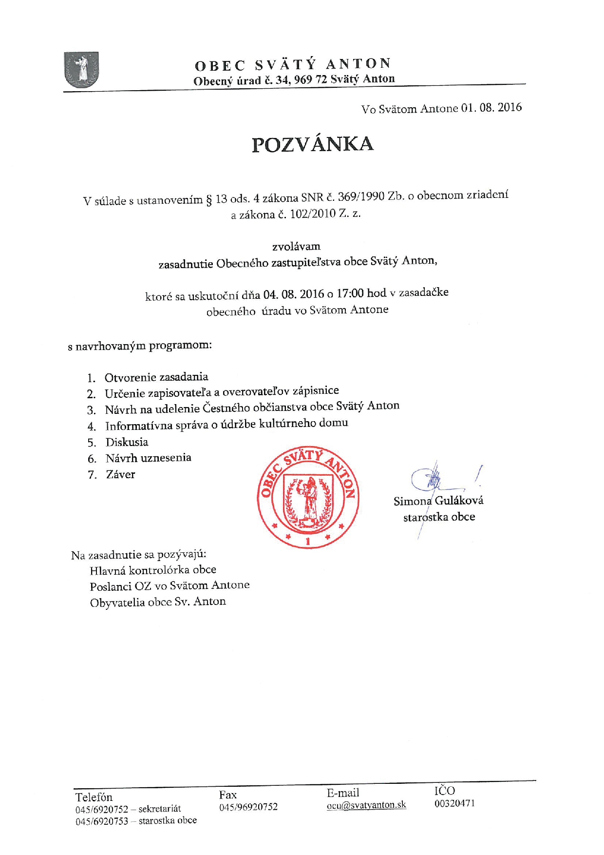 Pozvánka na zasadanie OZ 4.8.2016