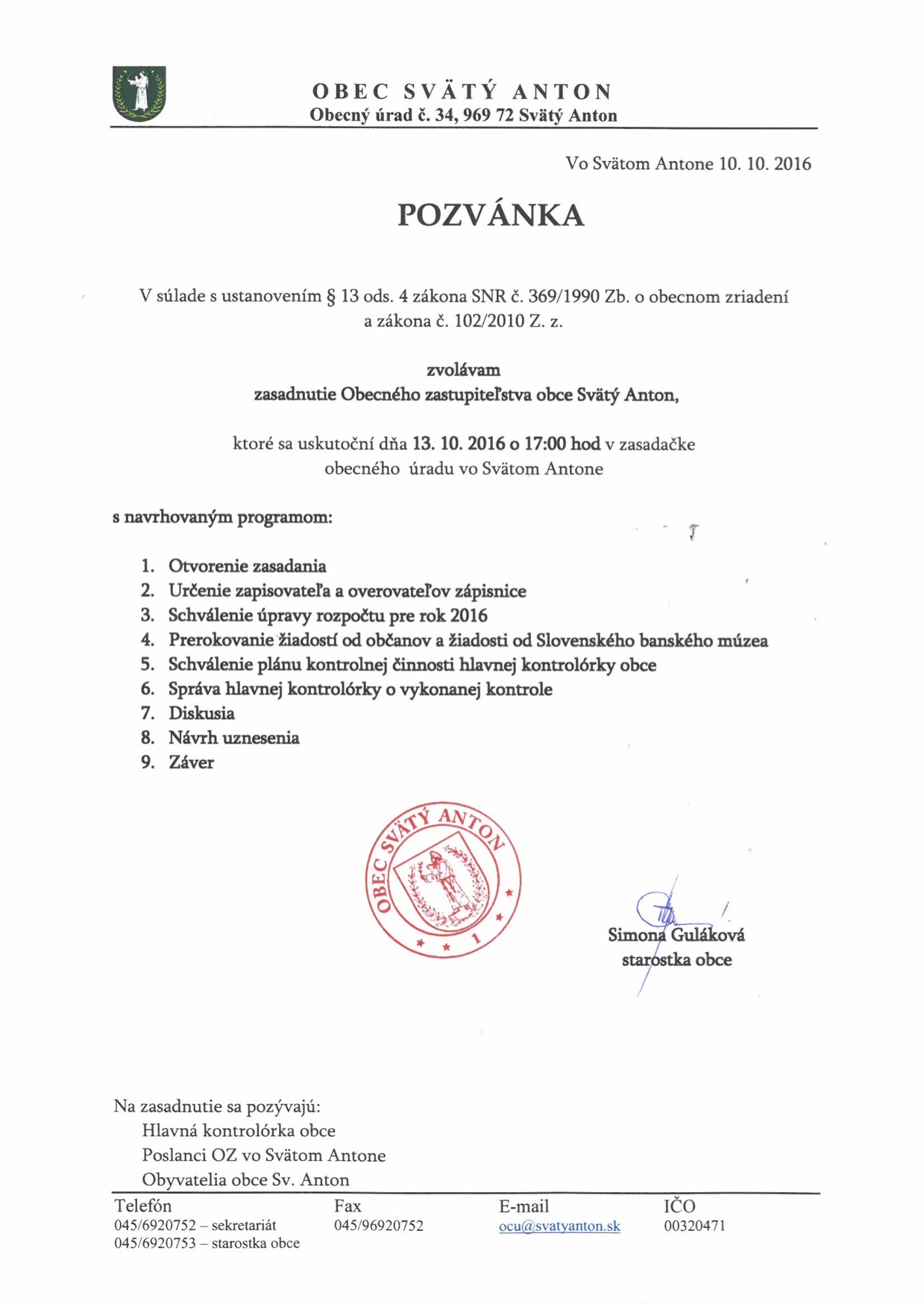 Pozvánka na OZ 13.10.2016