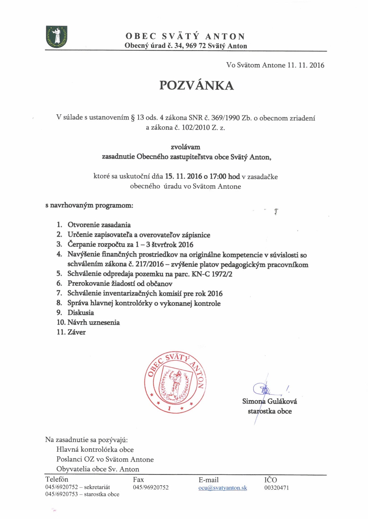 Pozvánka na OZ 15.11.2016