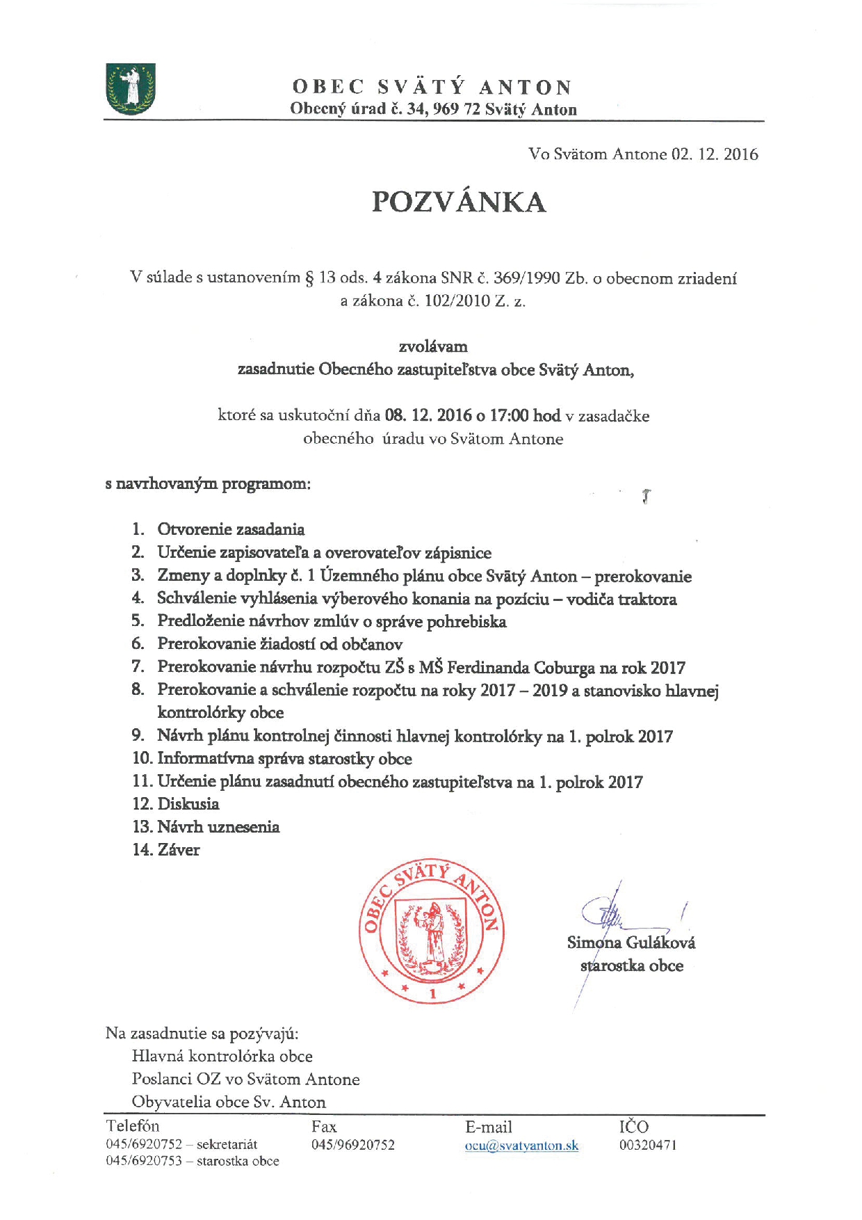 Pozvánka na zasadanie OZ 8.12.2016