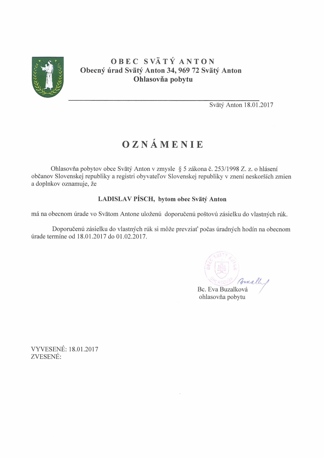 Oznámenie o uložení zásielky - Ladislav Písch