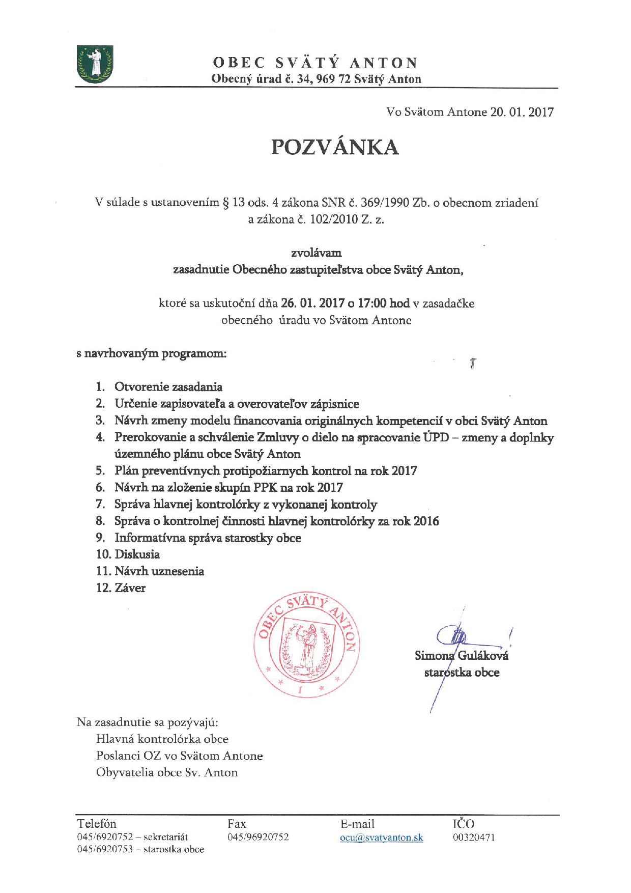 Pozvánka na zasadanie OZ 26.1.2017