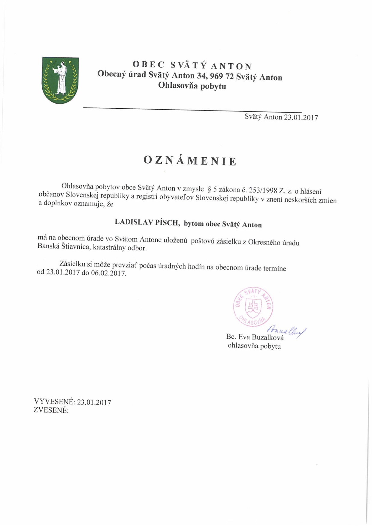 Oznámenie o uložení zásielky - Ladislav Písch