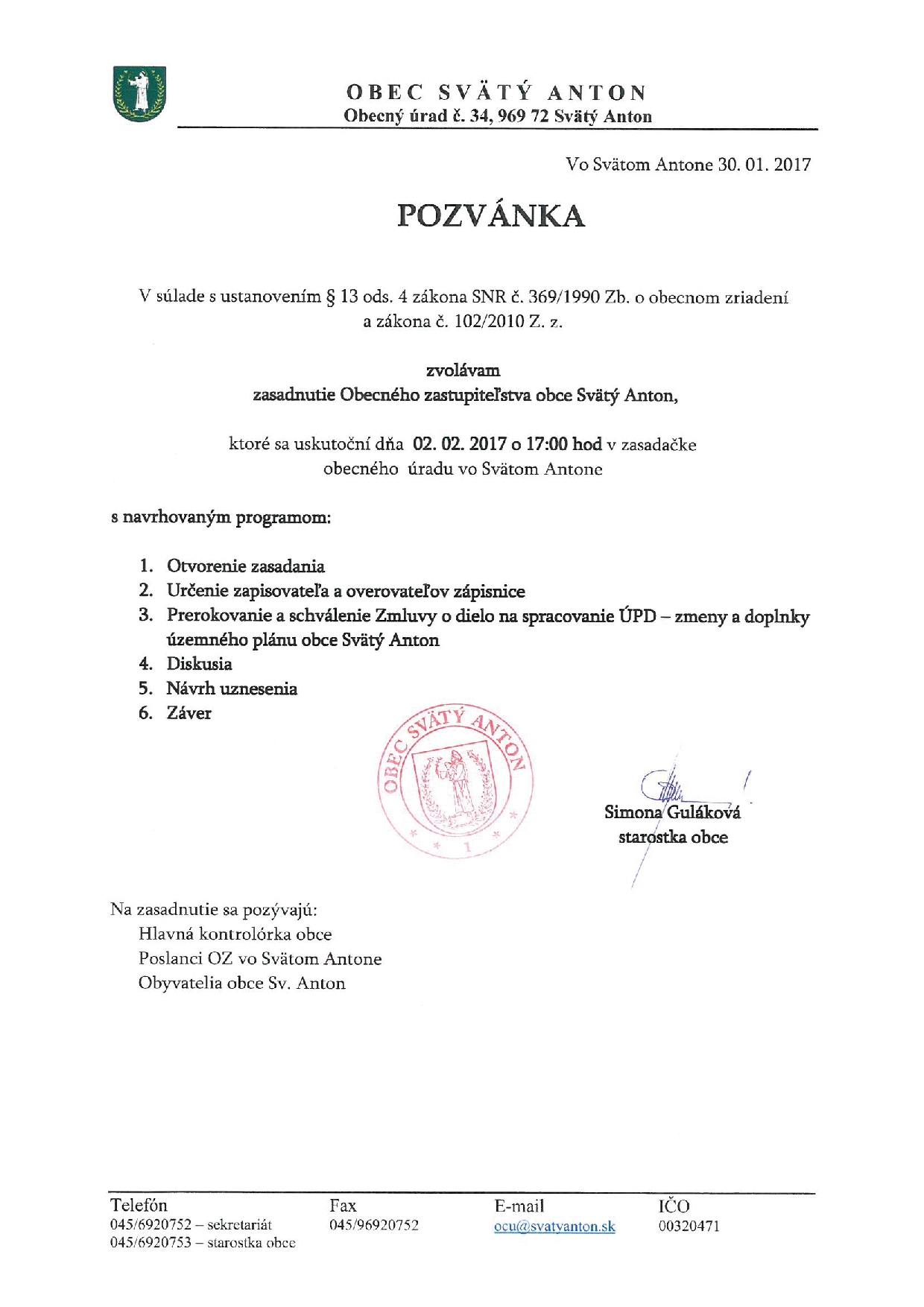 Pozvánka na zasadanie OZ 2.2.2017