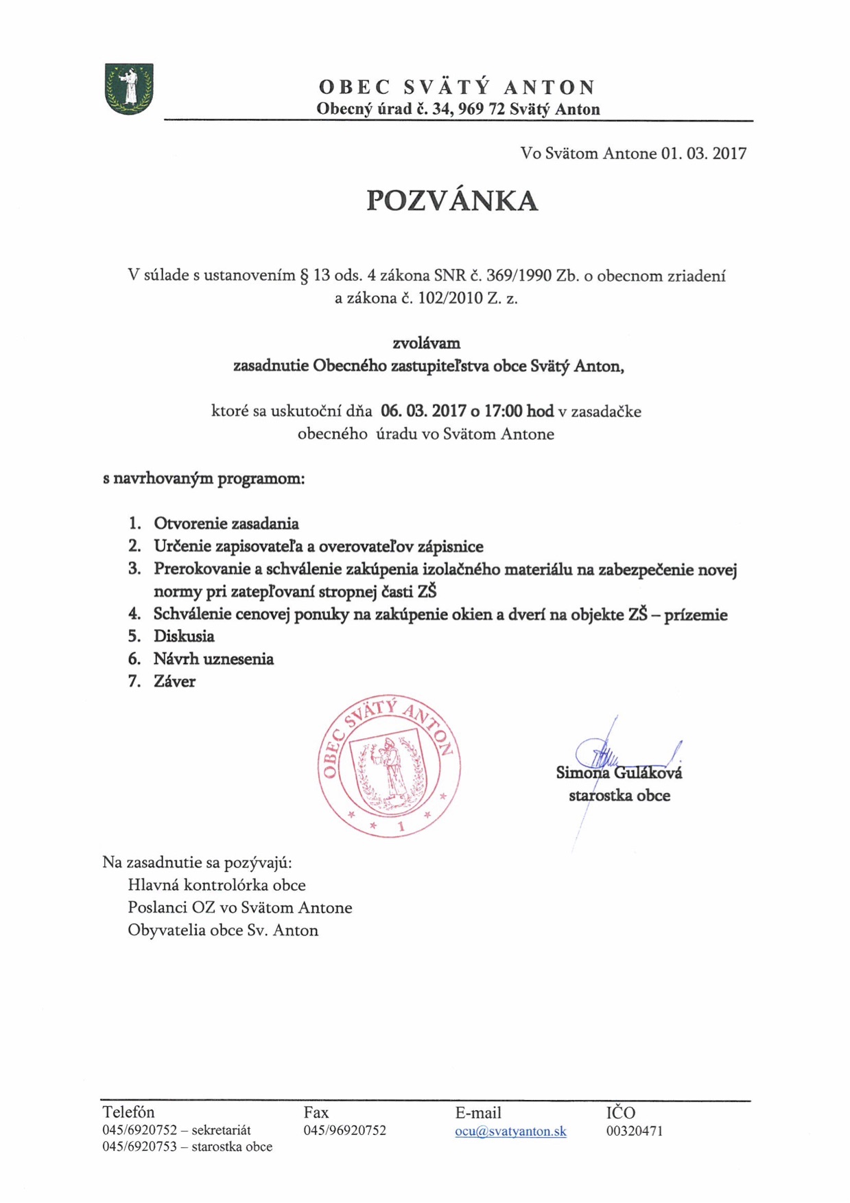 Pozvánka na zasadanie OZ 6.3.2017