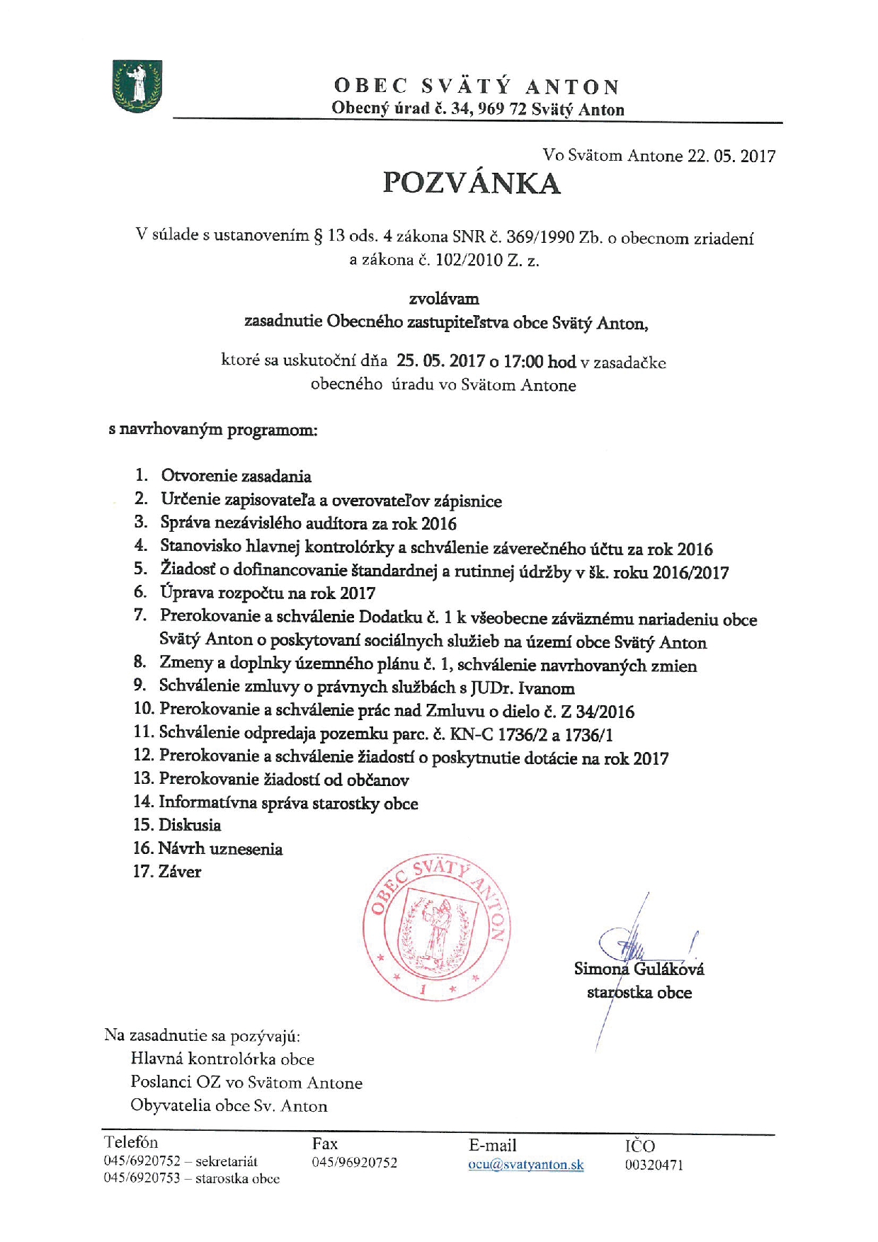 Pozvánka na zasadanie OZ 25.5.2017