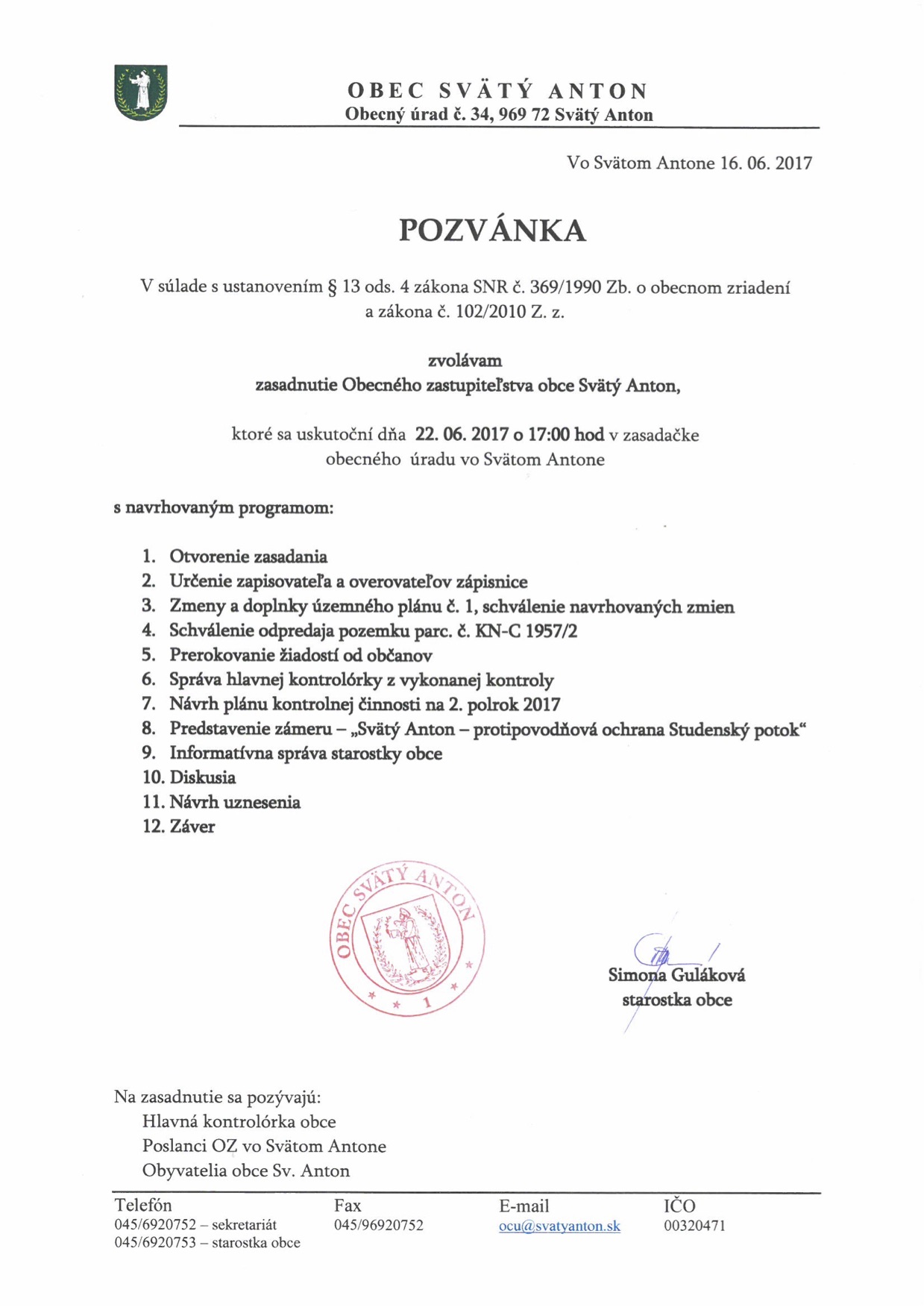 Pozvánka na zasadanie OZ 22.6.2017