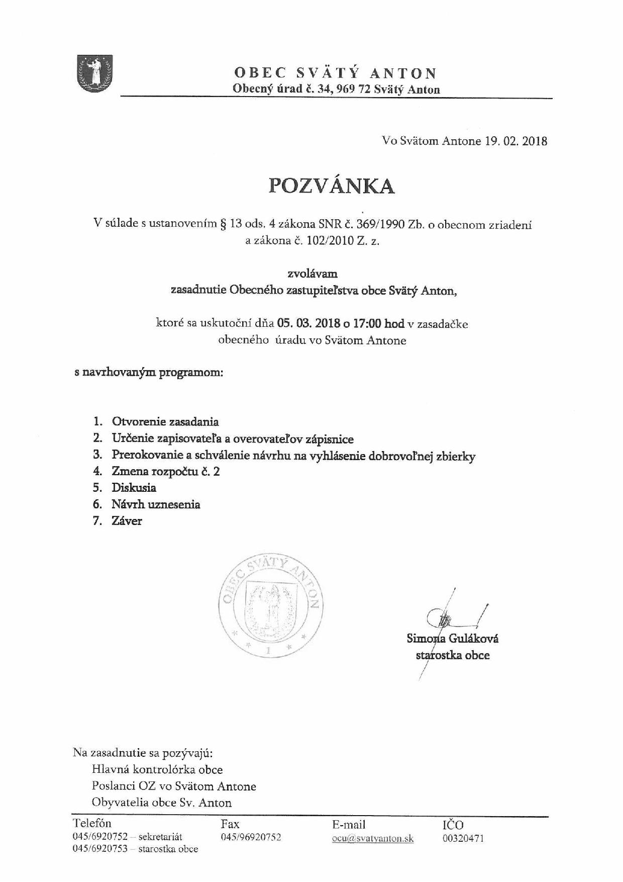 Pozvánka na zasadnutie OZ dňa 5.3.2018