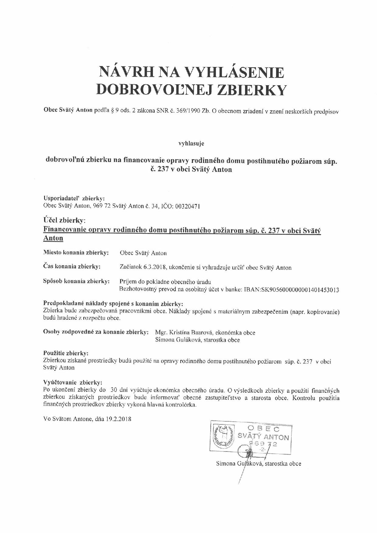 Návrh na vyhlásenie dobrovoľnej zbierky