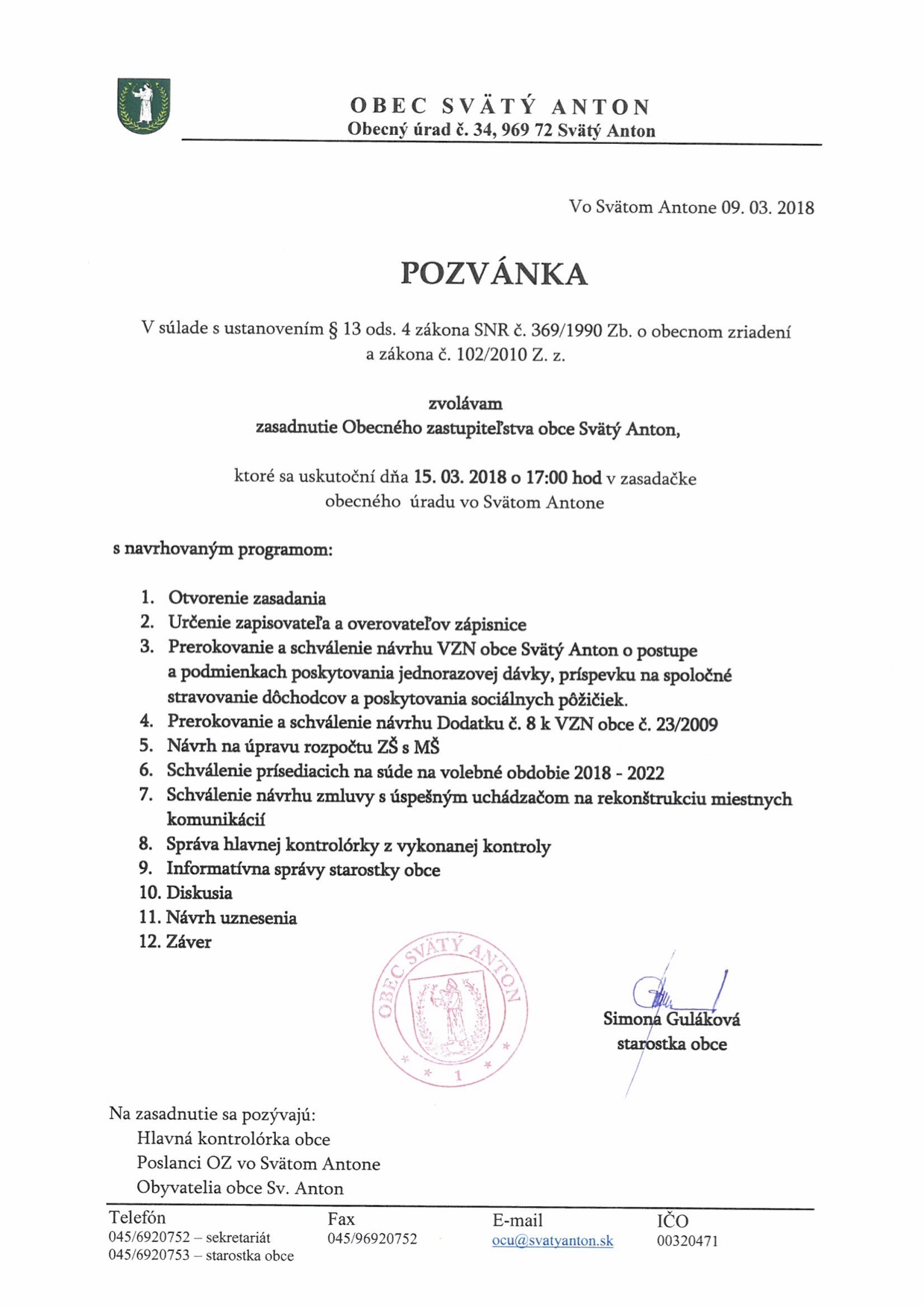 Pozvánka na OZ 15.3.2018