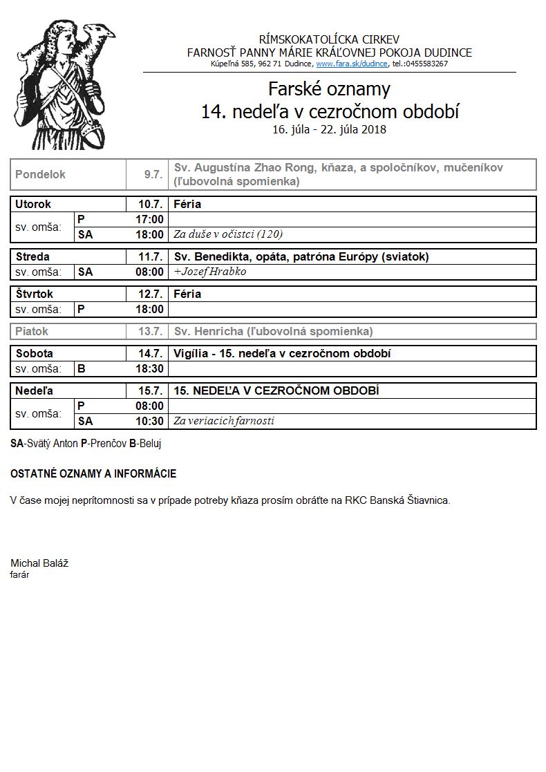 Farské oznamy 9.7.2018 - 15.7.2018