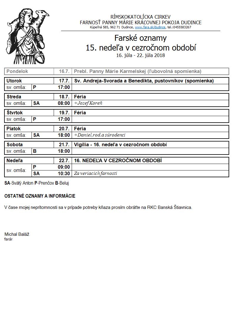 Farské oznamy 16.7.2018 - 22.7.2018