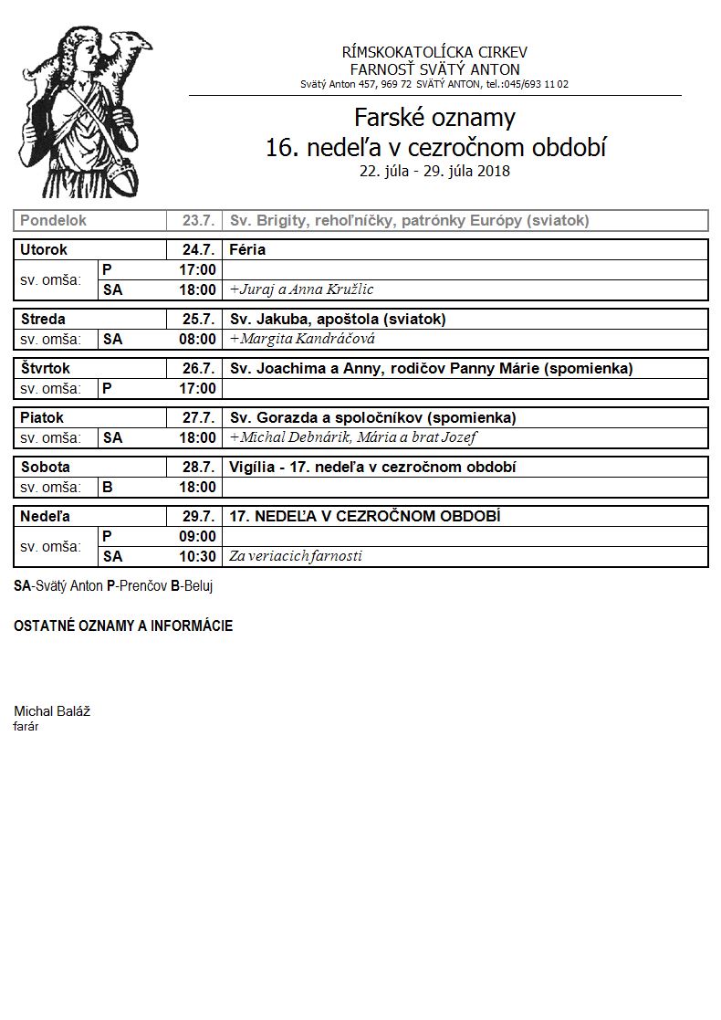 Farské oznamy 23.7.2018 - 29.7.2018