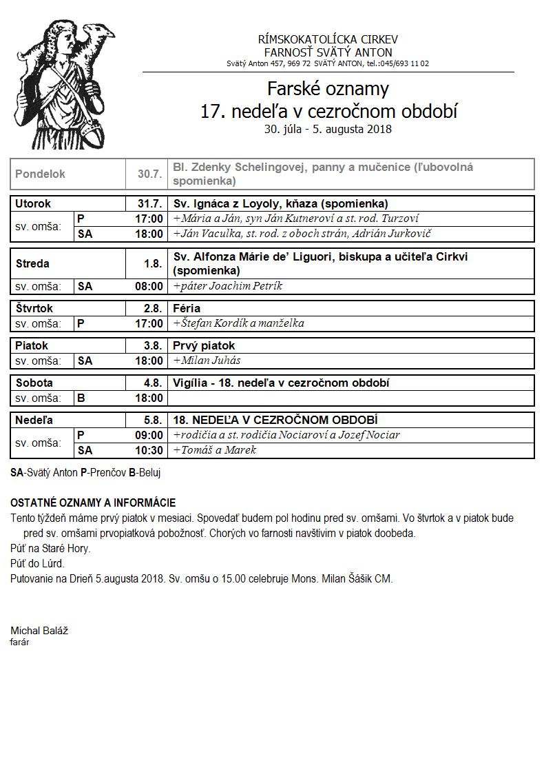 Farské oznamy 30.7.2018 - 5.8.2018