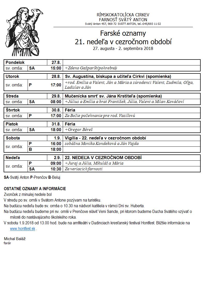 Farské oznamy 27.8.2018 - 2.9.2018