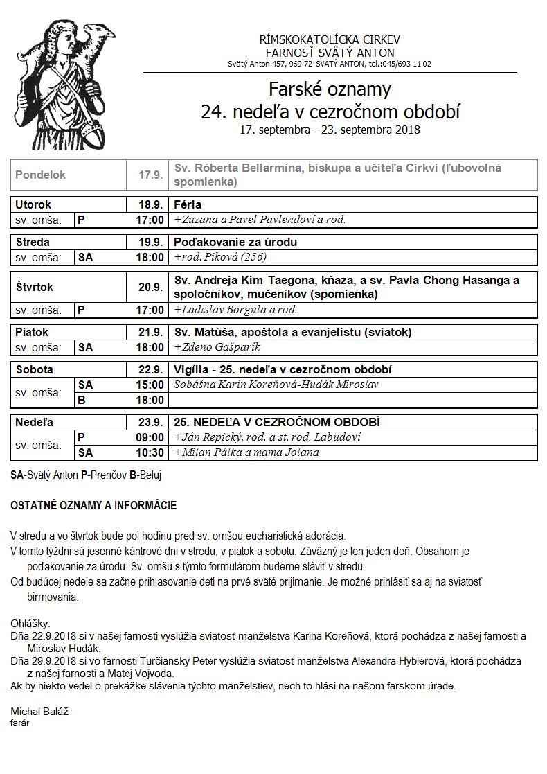 Farské oznamy 17.9.2018 - 23.9.2018