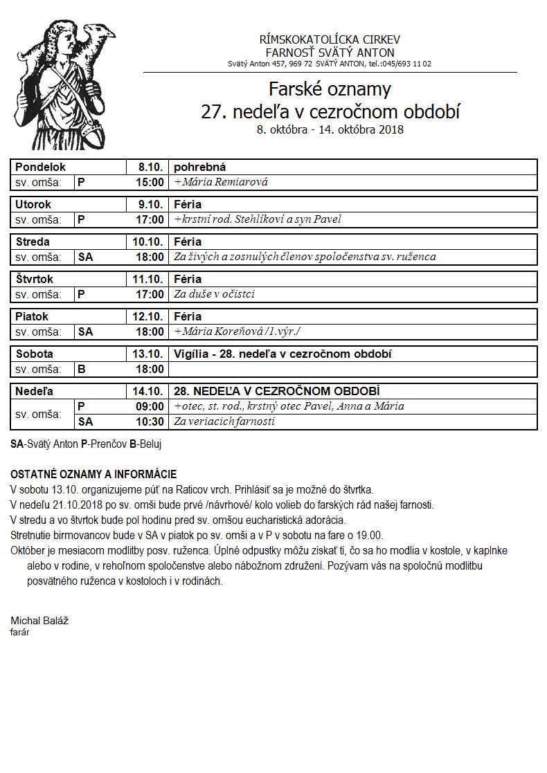 Farské oznamy 8.10.2018 - 14.10.2018
