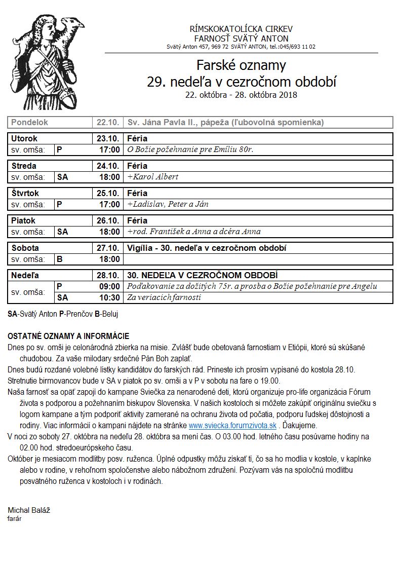 Farské oznamy 22.10.2018 - 28.10.2018