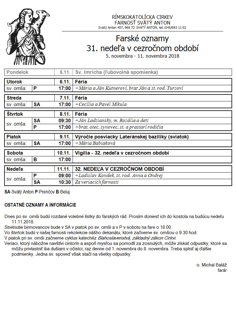 Farské oznamy 5.11.2018 - 11.11.2018