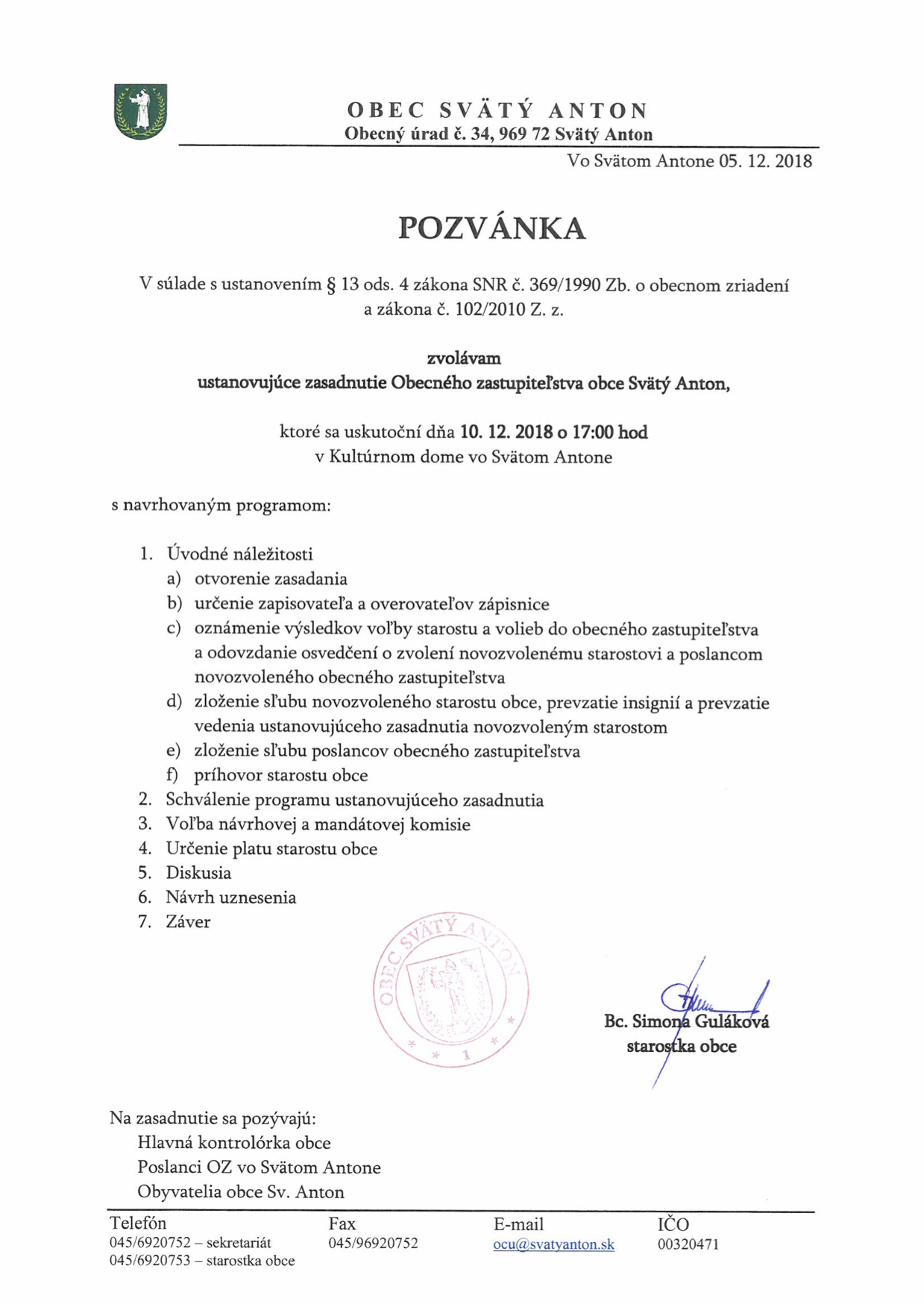 Pozvánka na ustanovujúce zasadnutie OZ 10.12.2018