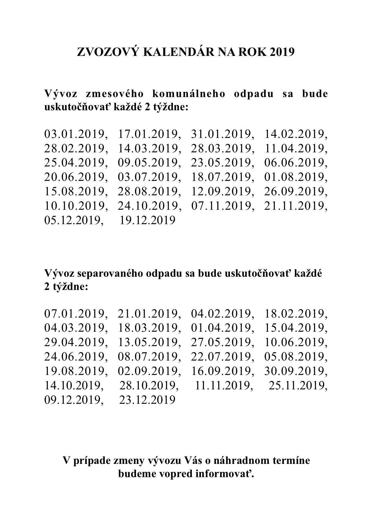 Zvozový kalendár na rok 2019