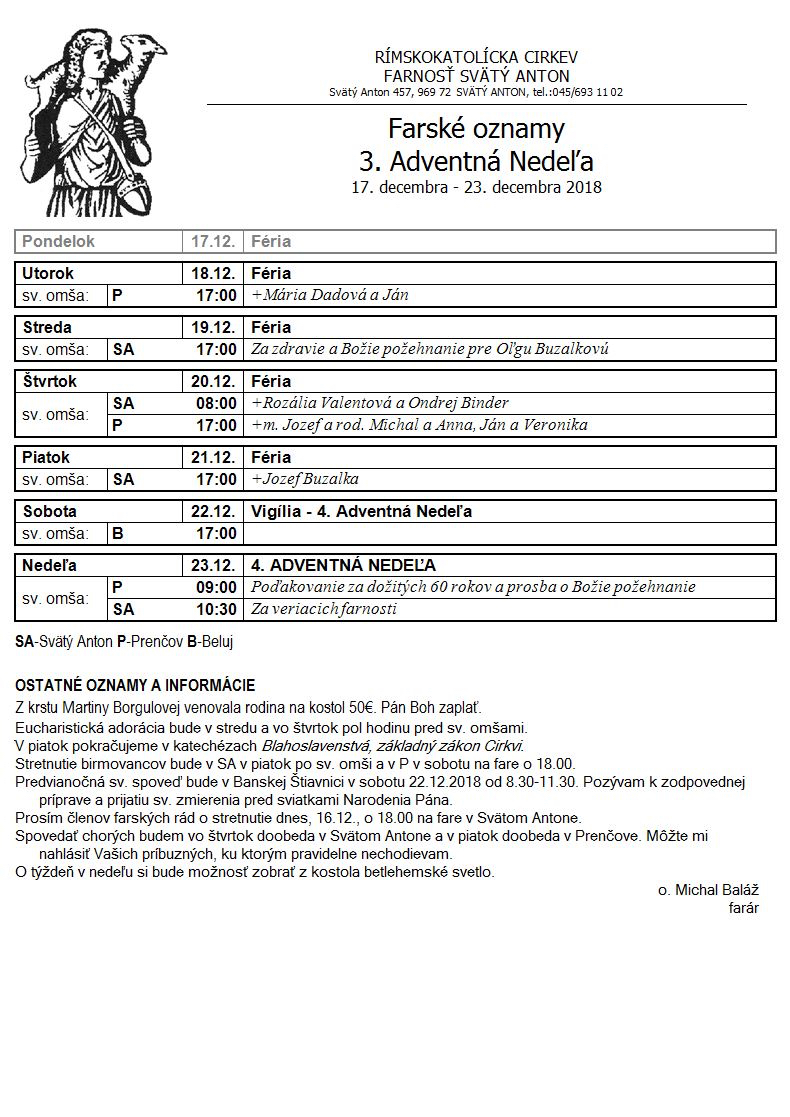 Farské oznamy 17.12.2018 - 23.12.2018