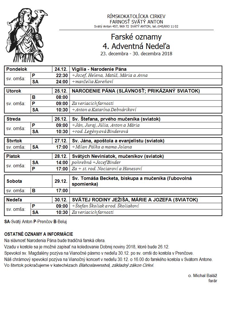 Farské oznamy 24.12.2018 - 30.12.2018