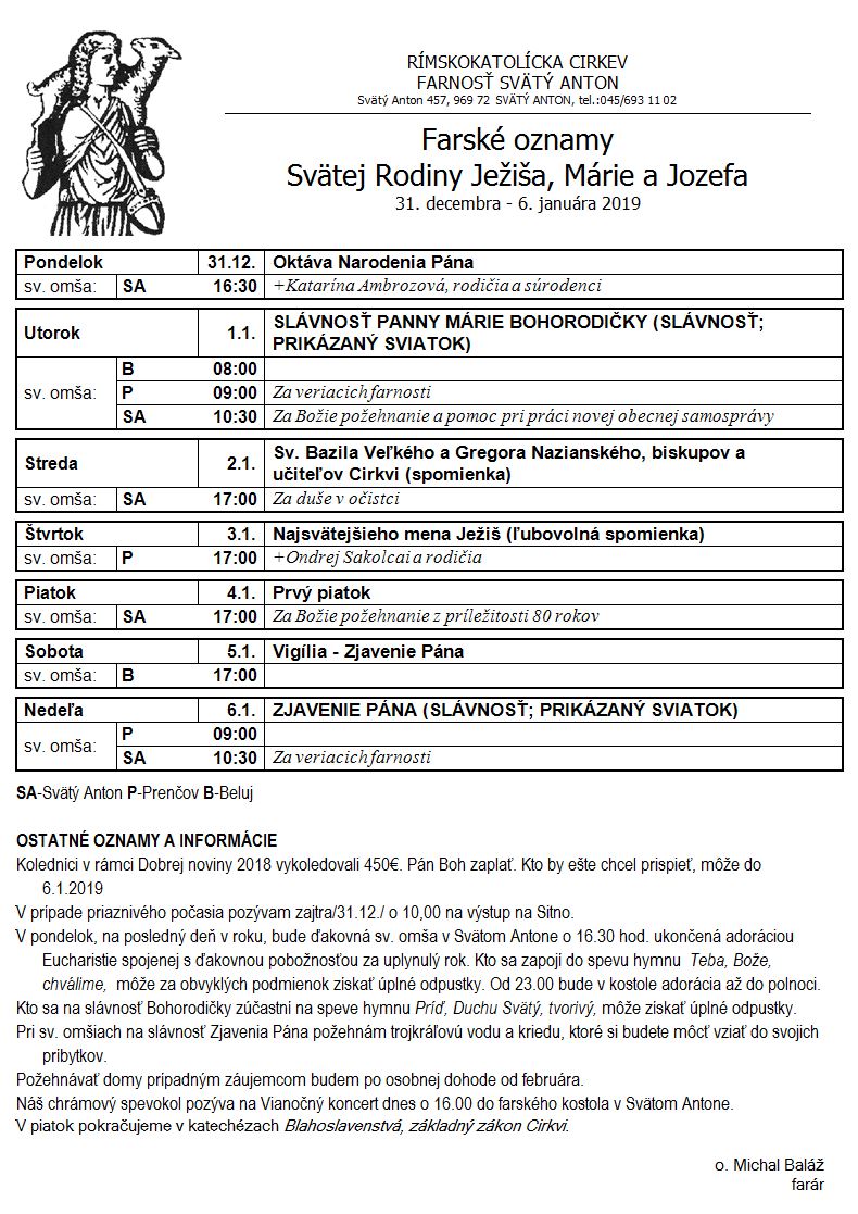 Farské oznamy 31.12.2018 - 6.1.2019
