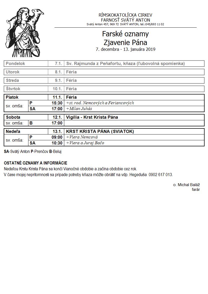 Farské oznamy 7.1.2019 - 13.1.2019