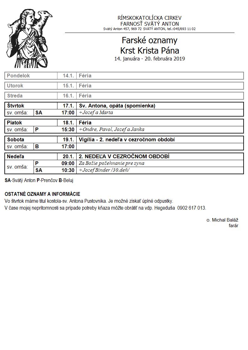 Farské oznamy 14.1.2019 - 20.1.2019