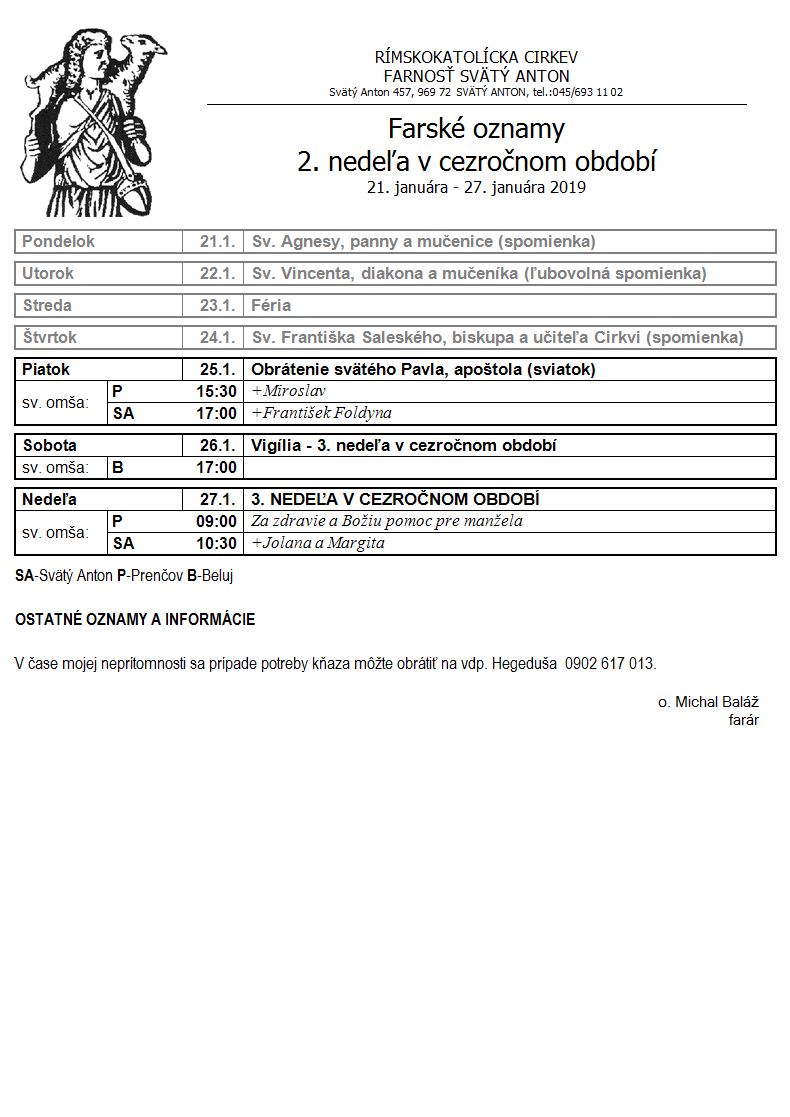 Farské oznamy 21.1.2019 - 27.1.2019