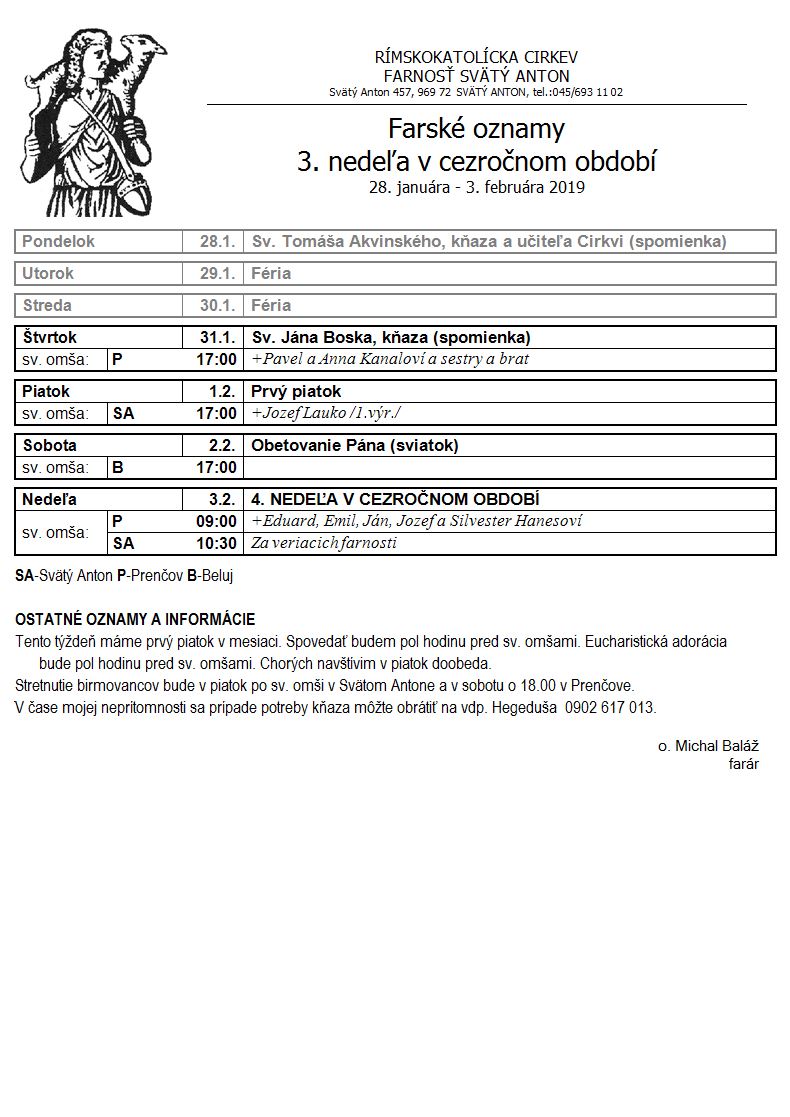 Farské oznamy 28.1.2019 - 3.2.2019