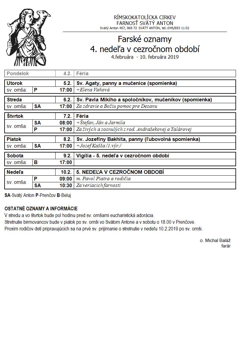 Farské oznamy 4.2.2019 - 10.2.2019