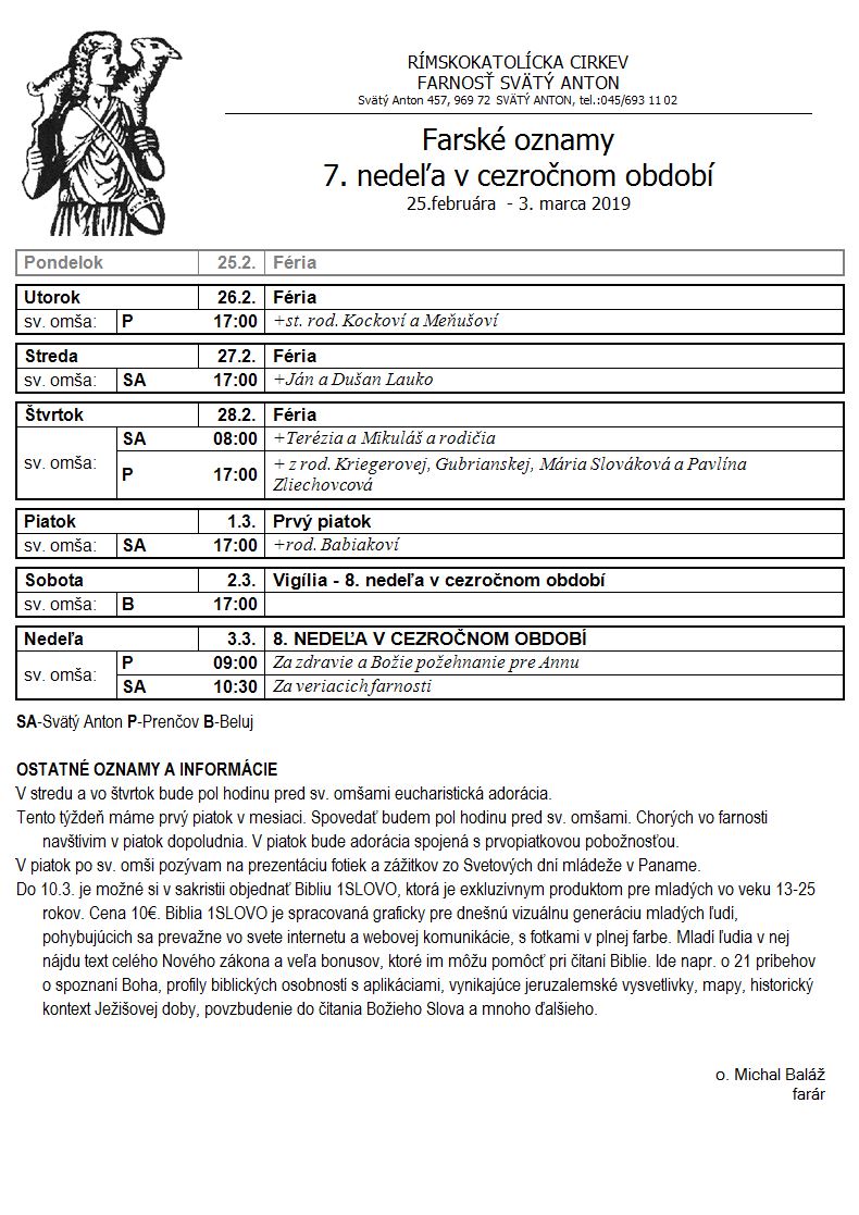 Farské oznamy 25.2.2019 - 3.3.2019