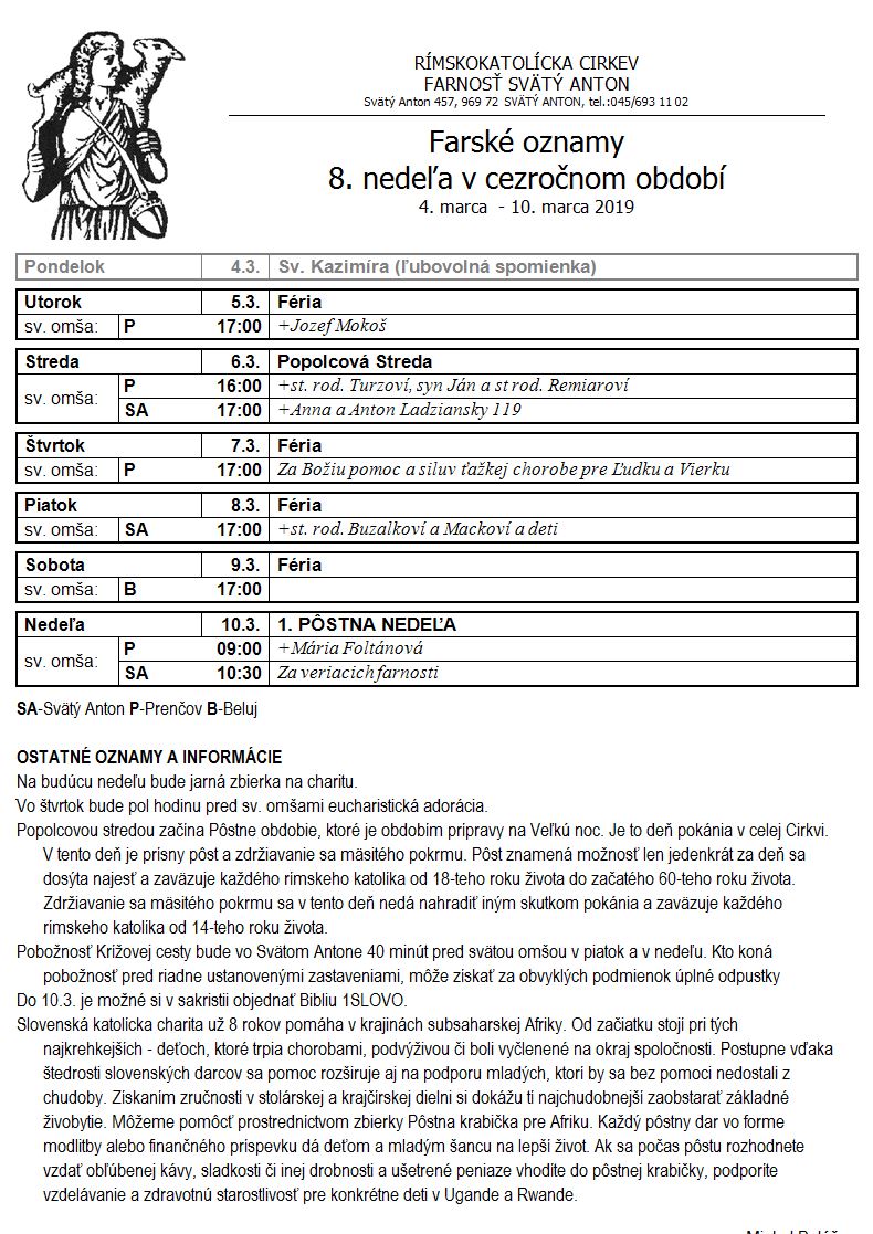 Farské oznamy 4.3.2019 - 10.3.2019