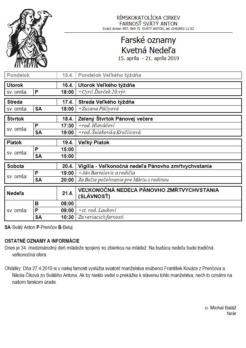 Farské oznamy 15.4.2019 - 21.4.2019