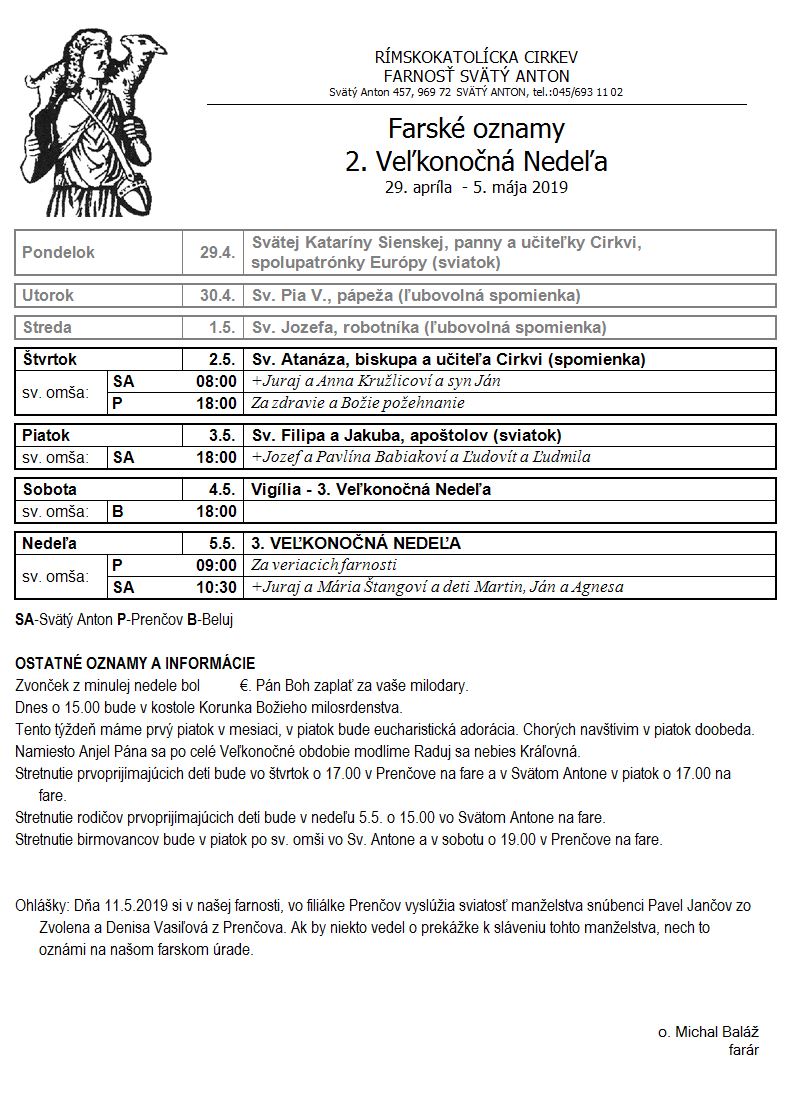 Farské oznamy 29.4.2019 - 5.5.2019
