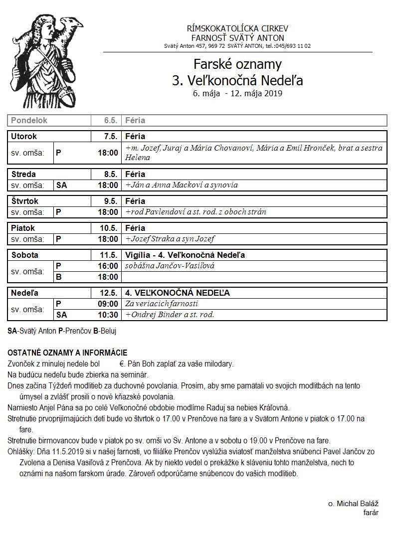 Farské oznamy 6.5.2019 - 12.5.2019