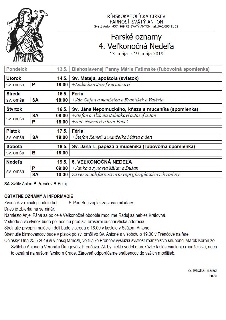 Farské oznamy 13.5.2019 - 19.5.2019